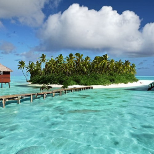 Home 4 **A visual representation of Kiribati's struggle against rising sea levels. Imagine a partially submerged island, with traditional Kiribati houses built on stilts, surrounded by encroaching ocean. In the background, depict a UN Climate Change Conference (COP) with world leaders debating the issue. Emphasize the vulnerability and urgency of the situation.**