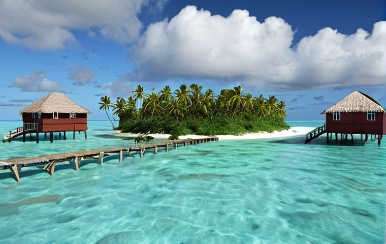**A visual representation of Kiribati's struggle against rising sea levels. Imagine a partially submerged island, with traditional Kiribati houses built on stilts, surrounded by encroaching ocean. In the background, depict a UN Climate Change Conference (COP) with world leaders debating the issue. Emphasize the vulnerability and urgency of the situation.**