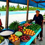 **

A local market scene in Kiribati, filled with fresh fish, coconuts, and vibrant tropical fruits and vegetables. A fully clothed woman in modest attire is bartering with a friendly local fisherman. Focus on the colors and textures of the local produce. Background shows simple market stalls and the ocean. Safe for work, appropriate content, perfect anatomy, natural proportions, professional photography, high quality.

**