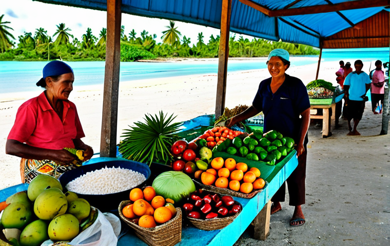**

A local market scene in Kiribati, filled with fresh fish, coconuts, and vibrant tropical fruits and vegetables. A fully clothed woman in modest attire is bartering with a friendly local fisherman. Focus on the colors and textures of the local produce. Background shows simple market stalls and the ocean. Safe for work, appropriate content, perfect anatomy, natural proportions, professional photography, high quality.

**