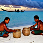 Traditional Kiribati Fishing Ritual**

"A group of Kiribati fishermen, fully clothed in traditional attire, performing a ritual on a sandy beach before sunrise. They are offering woven baskets of fish and coconuts to the sea. The ocean is calm with a few outrigger canoes visible. Perfect anatomy, correct proportions, natural pose, well-formed hands, proper finger count, natural body proportions, safe for work, appropriate content, fully clothed, professional, modest, family-friendly. Bright, natural lighting. High quality, professional photography."

**