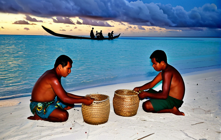 Traditional Kiribati Fishing Ritual**

"A group of Kiribati fishermen, fully clothed in traditional attire, performing a ritual on a sandy beach before sunrise. They are offering woven baskets of fish and coconuts to the sea. The ocean is calm with a few outrigger canoes visible. Perfect anatomy, correct proportions, natural pose, well-formed hands, proper finger count, natural body proportions, safe for work, appropriate content, fully clothed, professional, modest, family-friendly. Bright, natural lighting. High quality, professional photography."

**