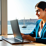 Modern Istanbul Office**

"A young professional wearing a stylish but modest iş kıyafeti (business attire), working on a laptop in a bright, modern office overlooking the Bosphorus in Istanbul. Sunlight streams through the large windows. The office is decorated with contemporary Turkish art. She has a warm, approachable expression. Perfect anatomy, correct proportions, well-formed hands, proper finger count, natural body proportions, fully clothed, appropriate content, safe for work, professional, family-friendly, high quality."

**