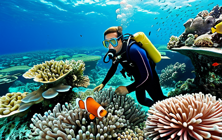 키리바시 바닷속 생태계 - Coral Reef Scene**

"A vibrant coral reef in Kiribati, teeming with colorful fish like clownfish swi...