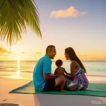 키리바시 이민 방법 - **A Serene Kiribati Sunset with a Family Moment:**
"A tranquil tropical beach scene at sunset in...