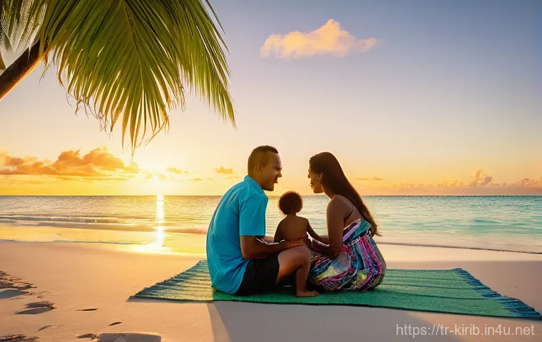 키리바시 이민 방법 - **A Serene Kiribati Sunset with a Family Moment:**
"A tranquil tropical beach scene at sunset in...