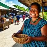 키리바시 화폐 가치와 환율 - **Prompt:** A vibrant, sun-drenched scene at a bustling local market in Tarawa, Kiribati. A friendly...
