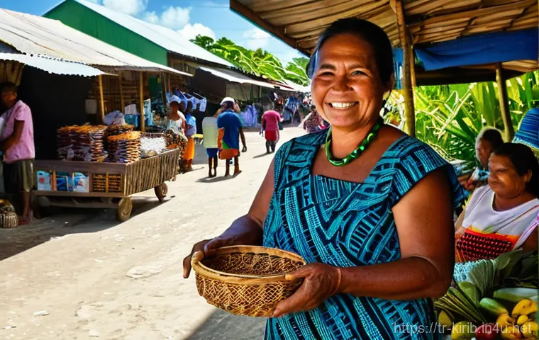 키리바시 화폐 가치와 환율 - **Prompt:** A vibrant, sun-drenched scene at a bustling local market in Tarawa, Kiribati. A friendly...