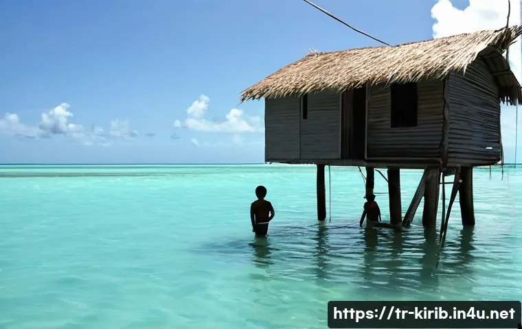키리바시 국제 원조 역사 - **Prompt:** A poignant yet resilient scene depicting the impact of rising sea levels in Kiribati. In...